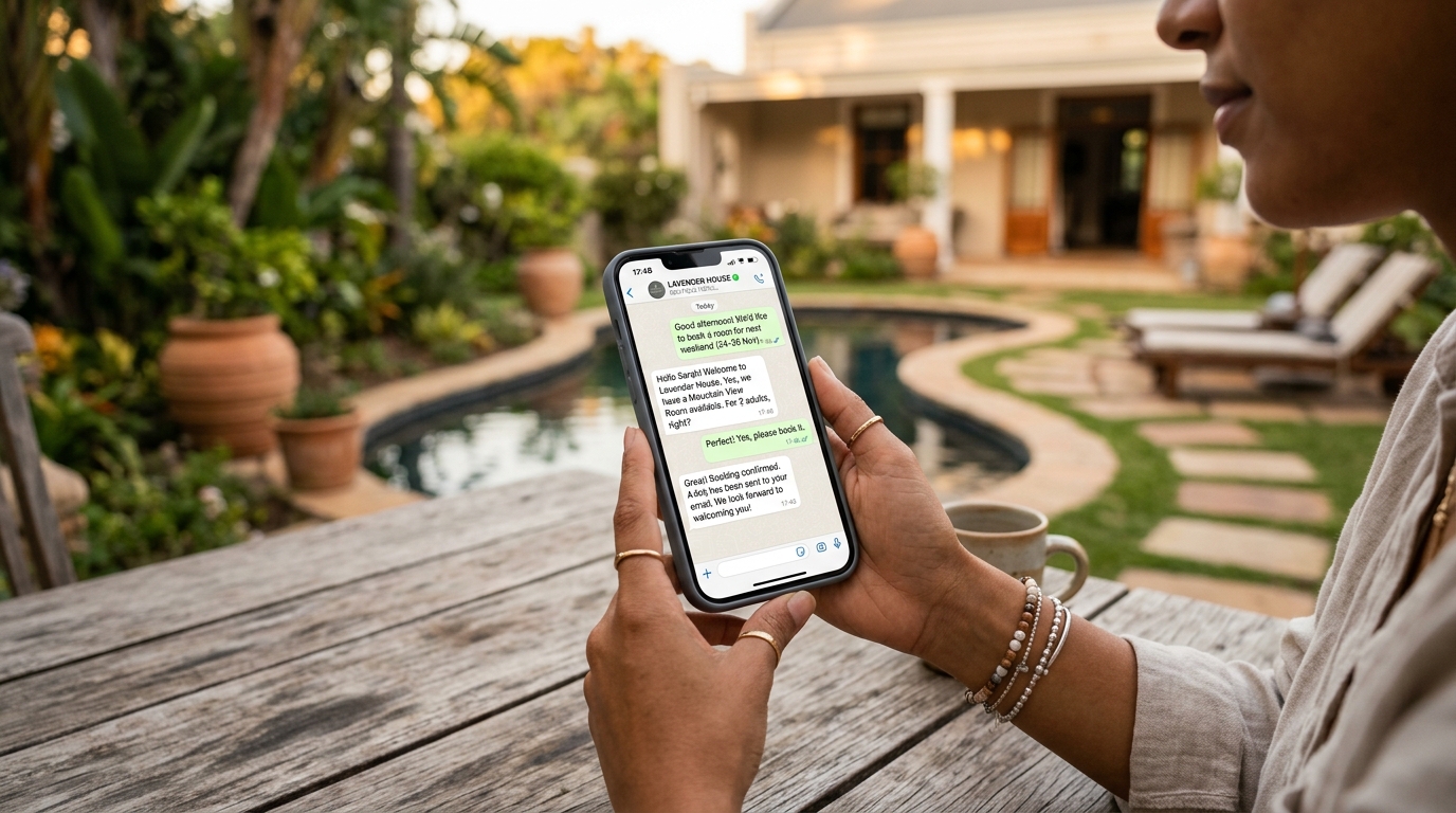 Guest using WhatsApp to book a guesthouse